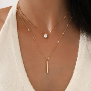 2 peças/conjunto colar strass pingo d’água & retângulo